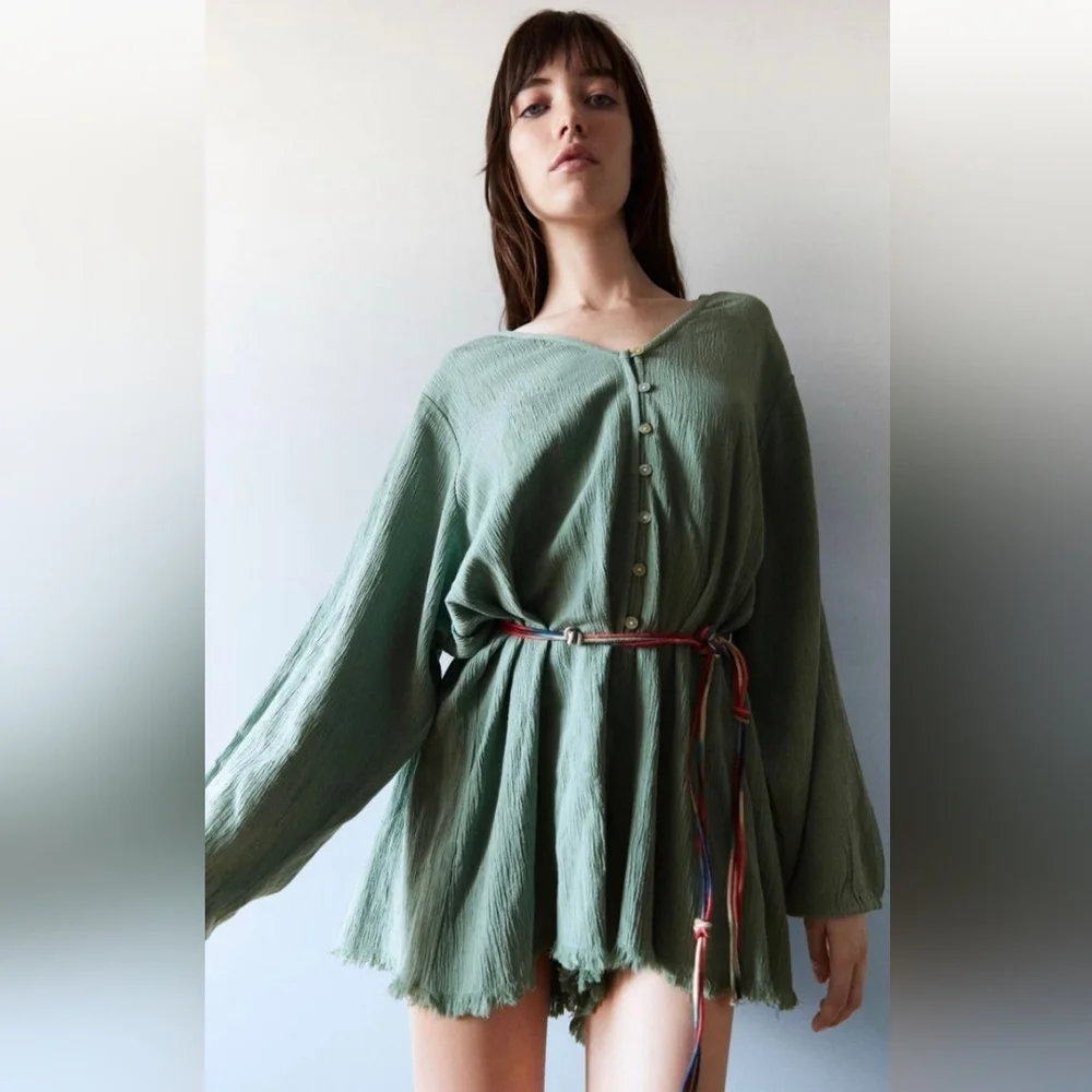 NWT Zara Mumbai Jumpsuit Sage Green Long Sleeve Romper W/ Belt Women's Size XS